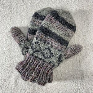 Grey Purple Wool Knit Mitts Fleece Lined Mittens